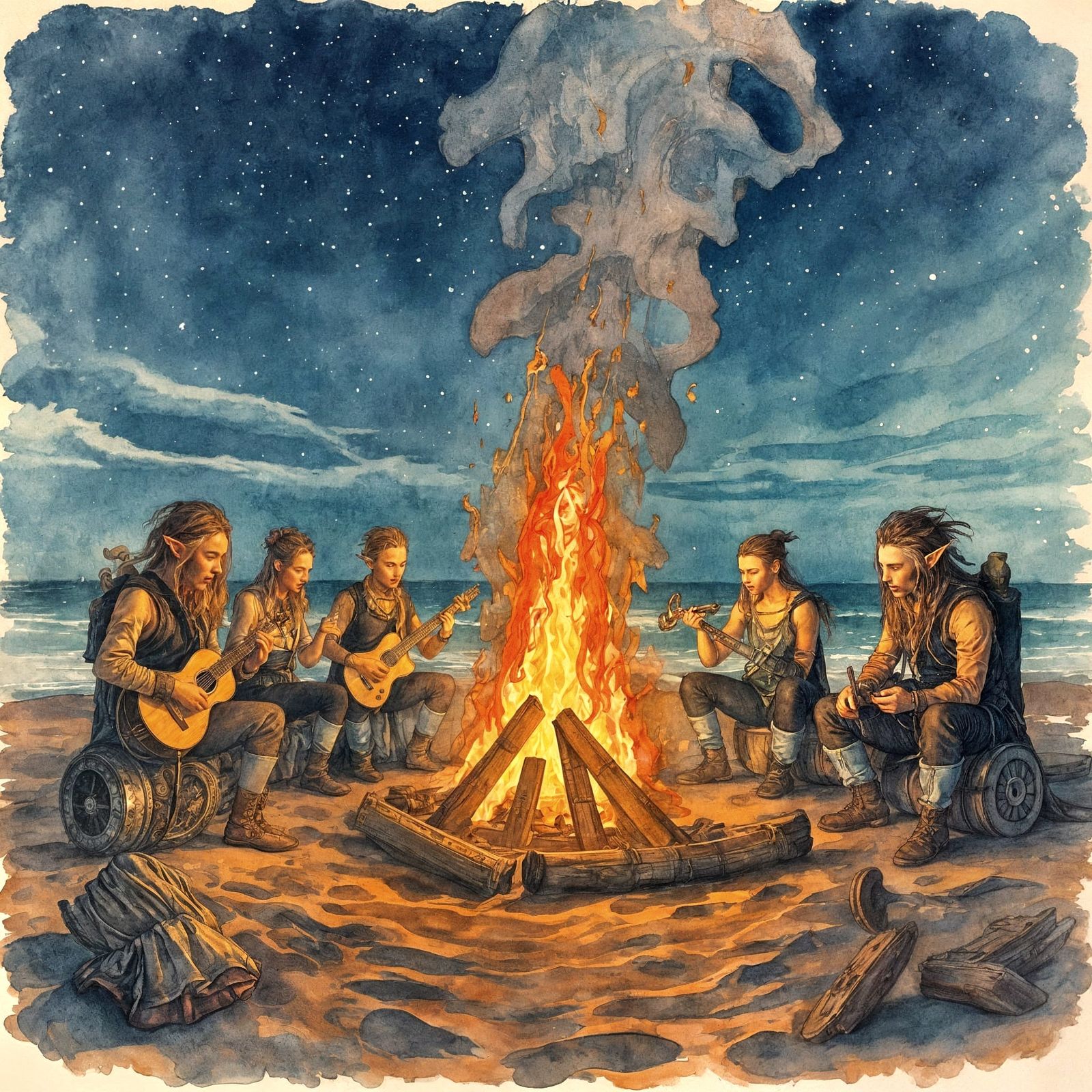 Elves Play Music by the Sea, Art Nouveau Sketch