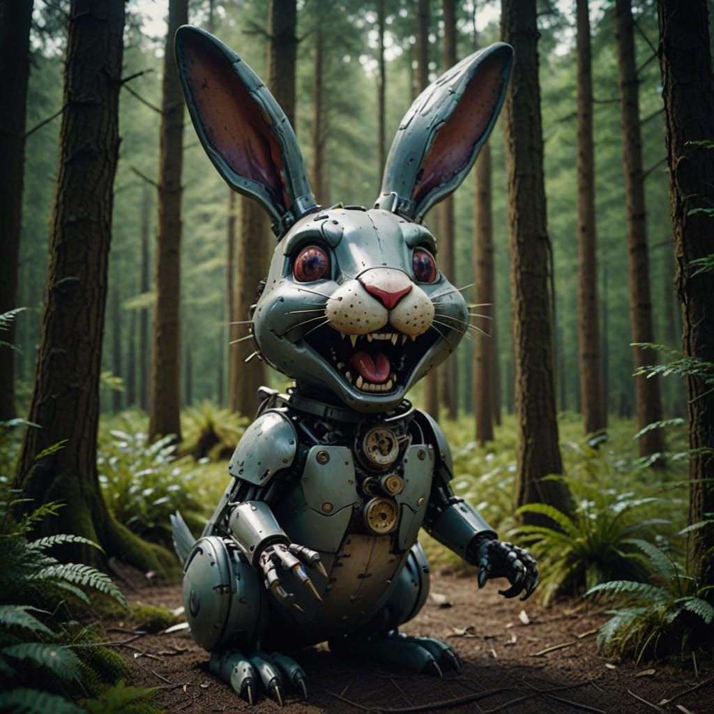 Eerie Mechanical Rabbit Laughing in Forest: Cinematic Still