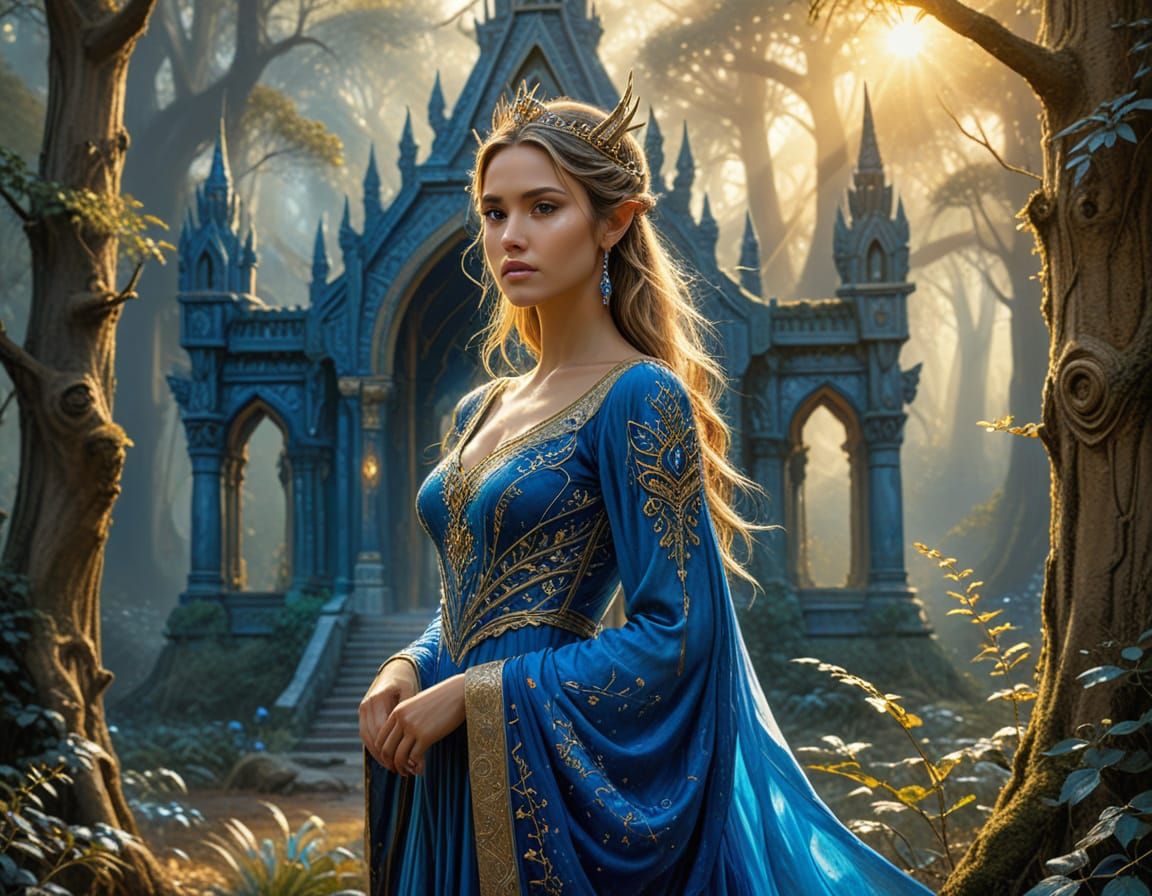 Elven Princess in Forest Temple, Oil Painting