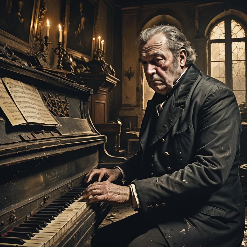 Old General Plays War Piano in Dark Romanticism Style