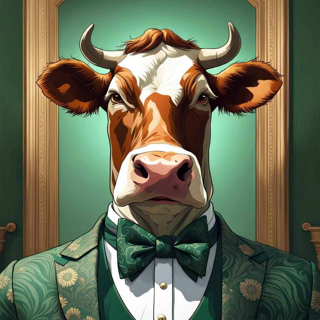 Elegant Cow Portrait in Suit, Hyperdetailed Art