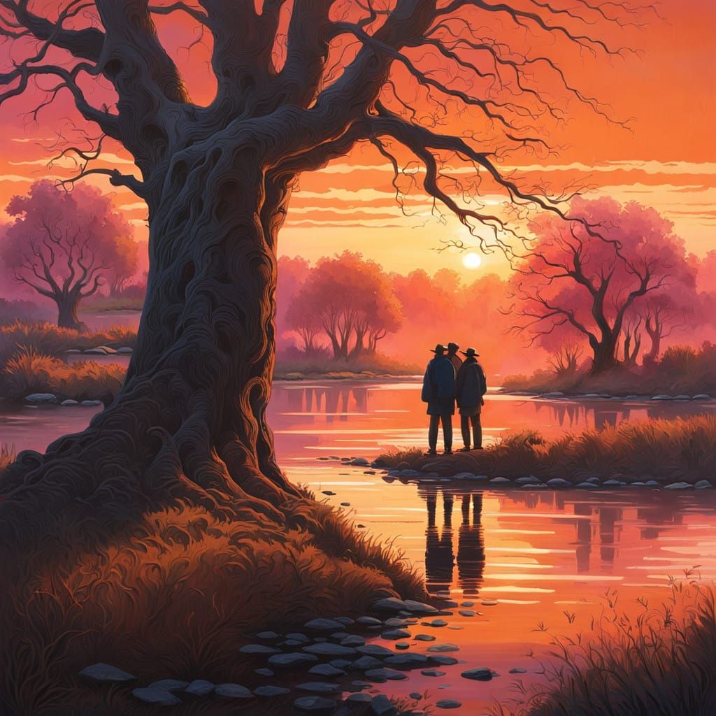 Gnarled Trees Watch Sunset Over Serene River in Hyperrealist...