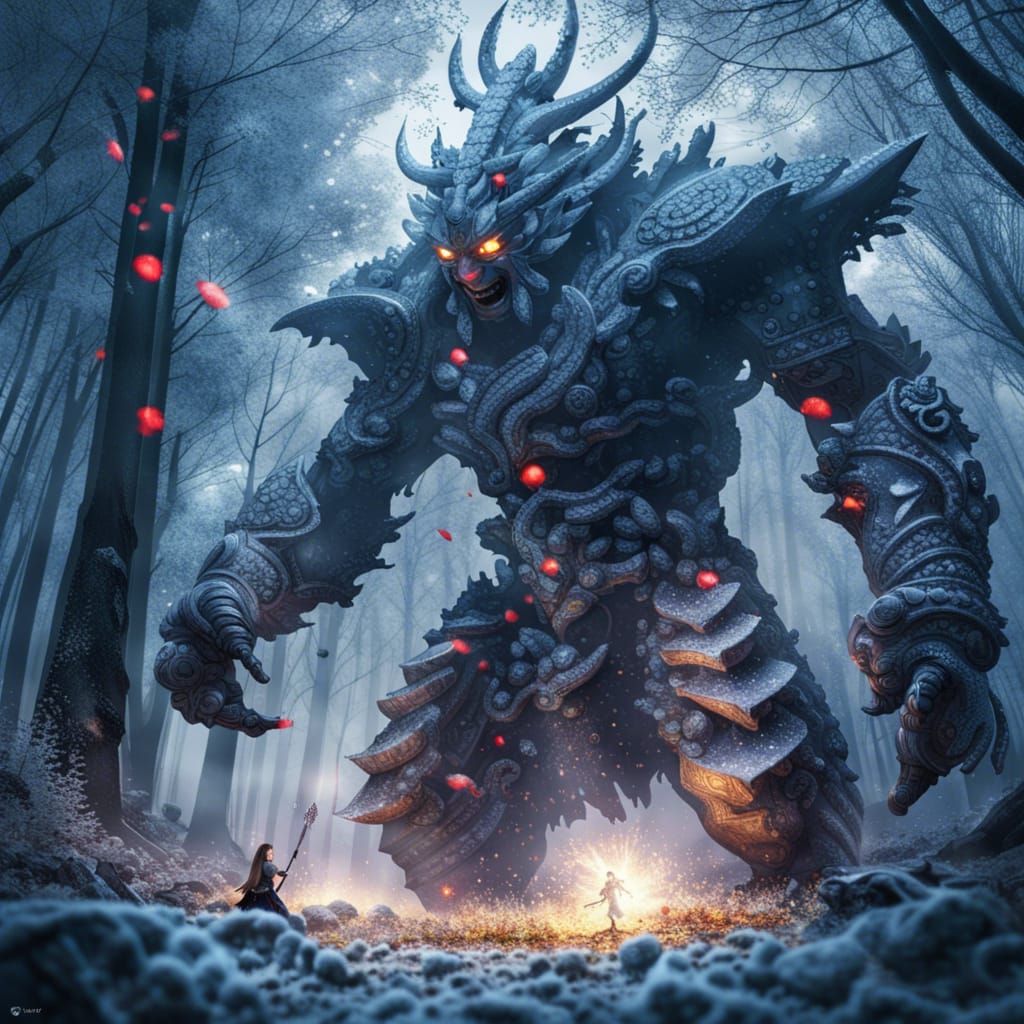 Geisha Queen Battles Stone Golem in Winter Forest