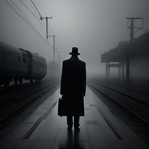 Lonely Figure in Rainy Film Noir Scene