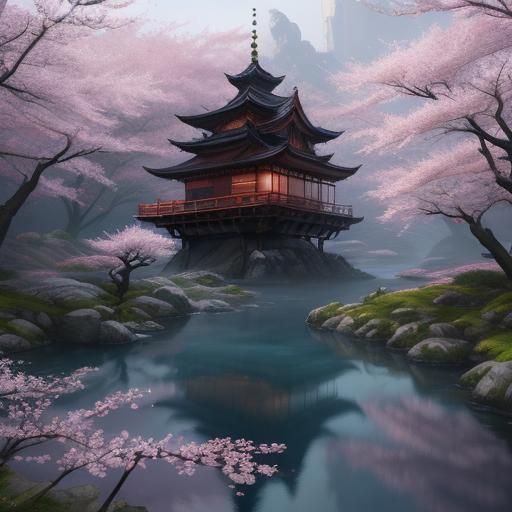 Geisha in Misty Garden: Fantasy Concept Art
