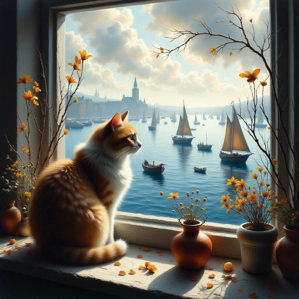 Cat Watches Boats in Winter Wonderland