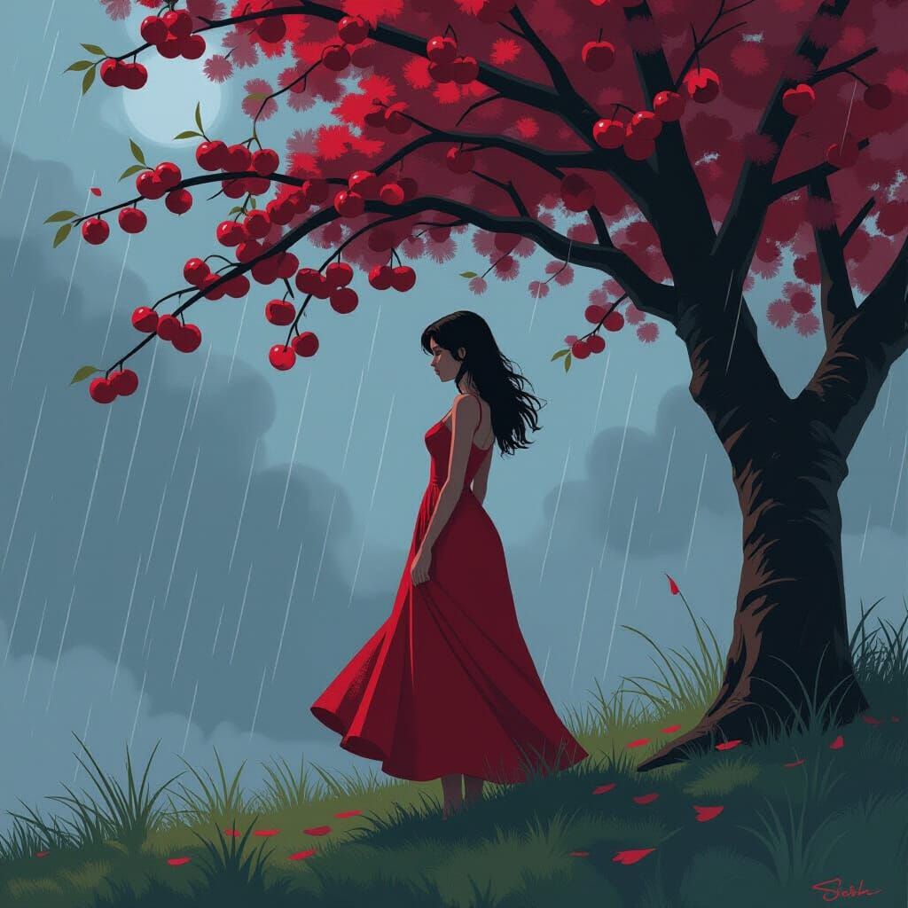 Woman in Red Dress Under Cherry Tree in Storm