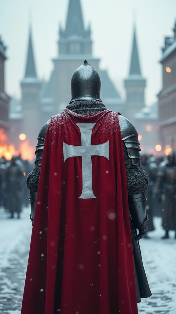Medieval Knight in Snowy City Square