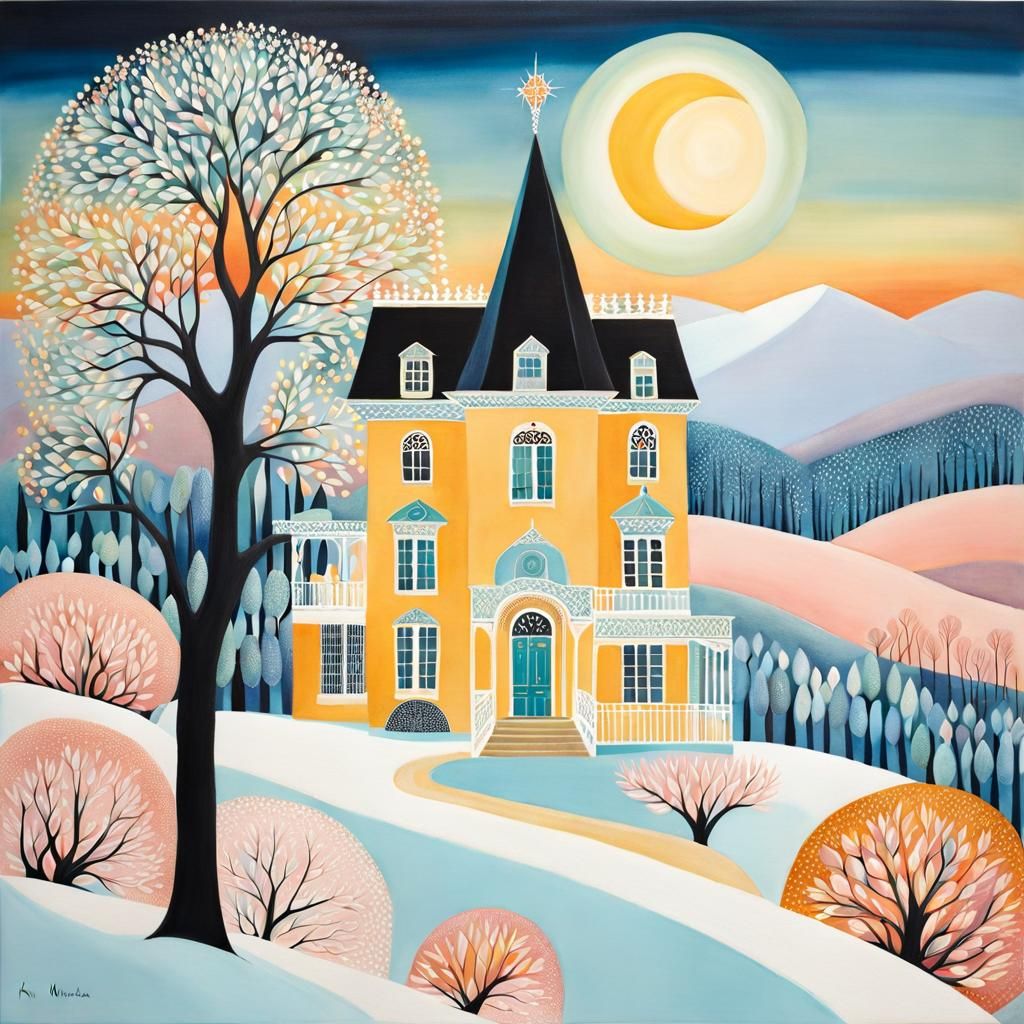 Winter House on Hill in Pastel Colors