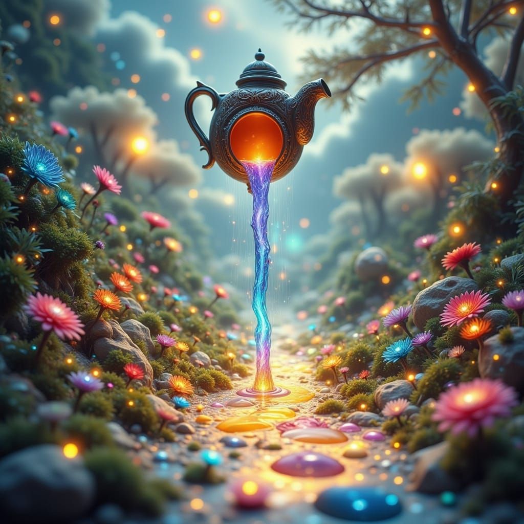 Whimsical Fairy Tale Teapot Pouring Shimmering Clouds