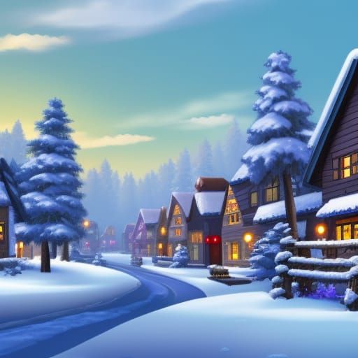 Serene Snowy Village in 16-bit Pixel Art