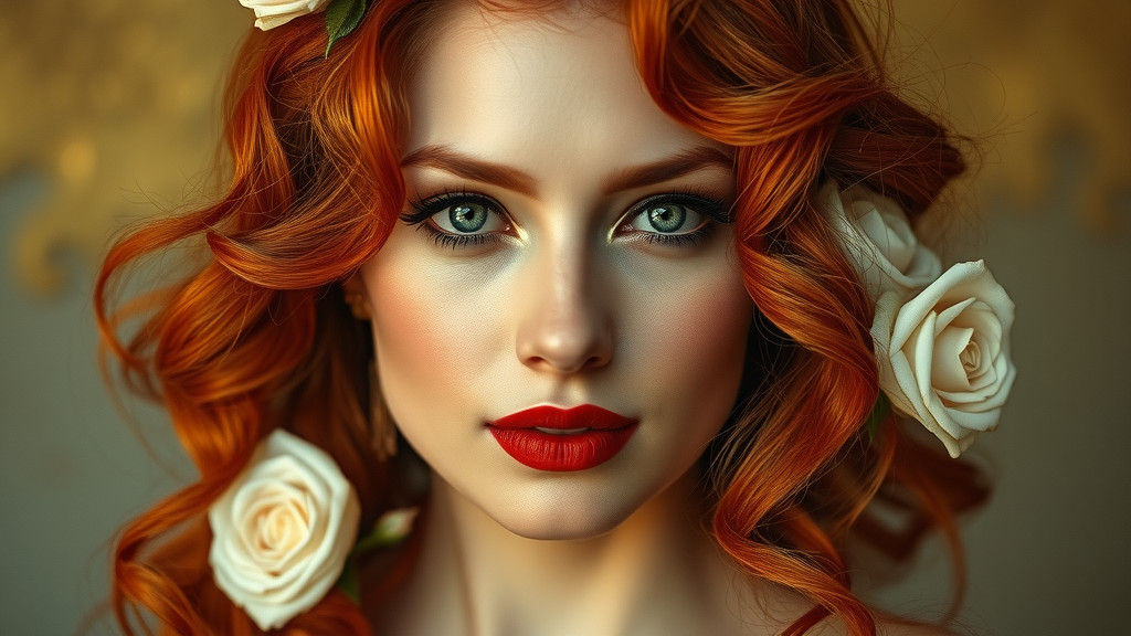 Renaissance Woman Portrait with Red Hair and Roses