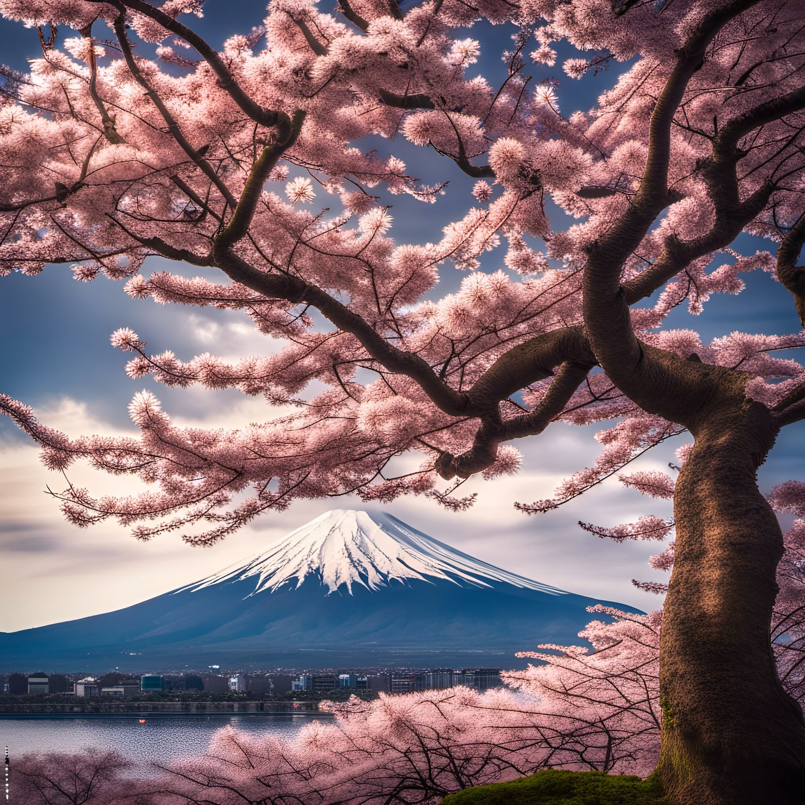 Sakura Tree and Mount Fuji: Hyperrealistic Japanese Scene