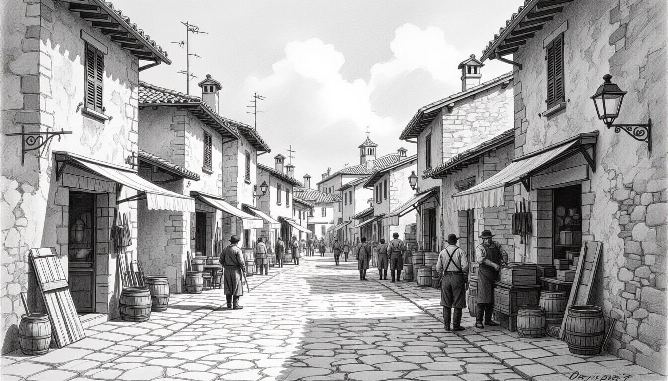 Pencil Sketch of 1200s Italian Town Street Life