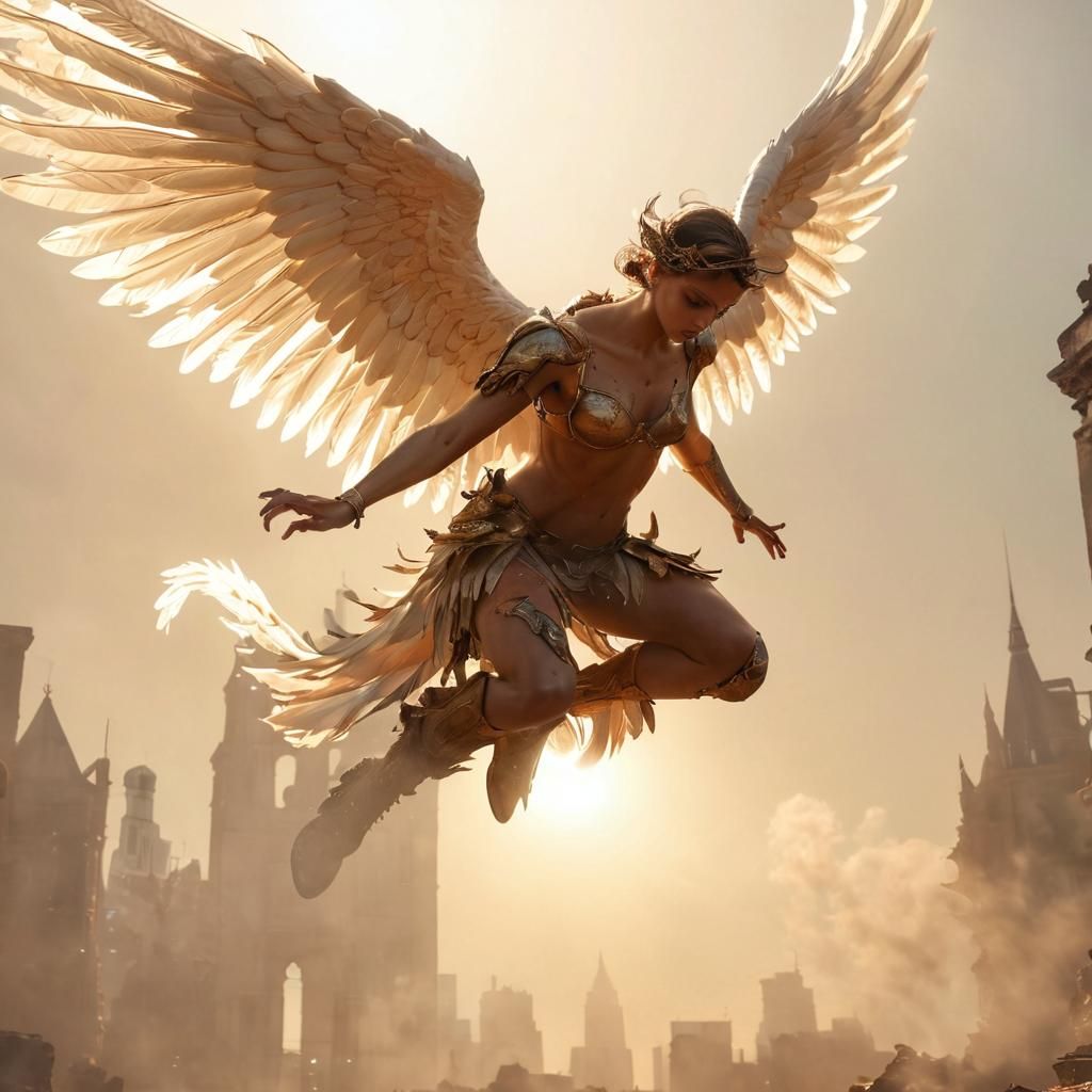 Majestic Angel Overcomes Demon in Ruined City