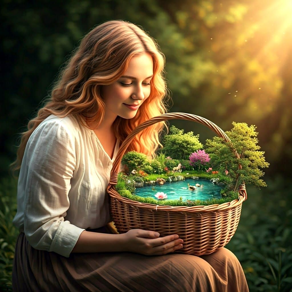 Woman Contemplates Vibrant English Garden Scene in Miniature