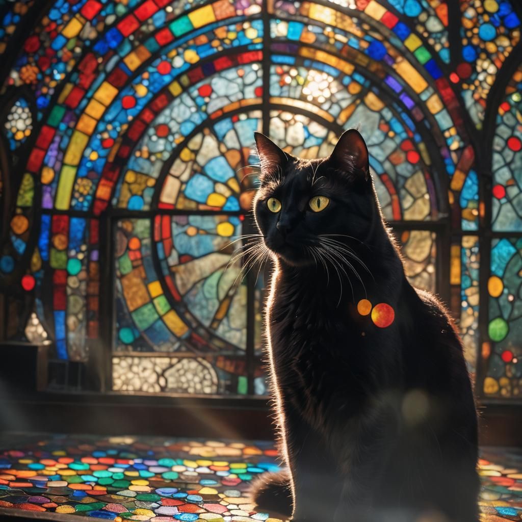Noir Black Cat with Rainbow Stained Glass