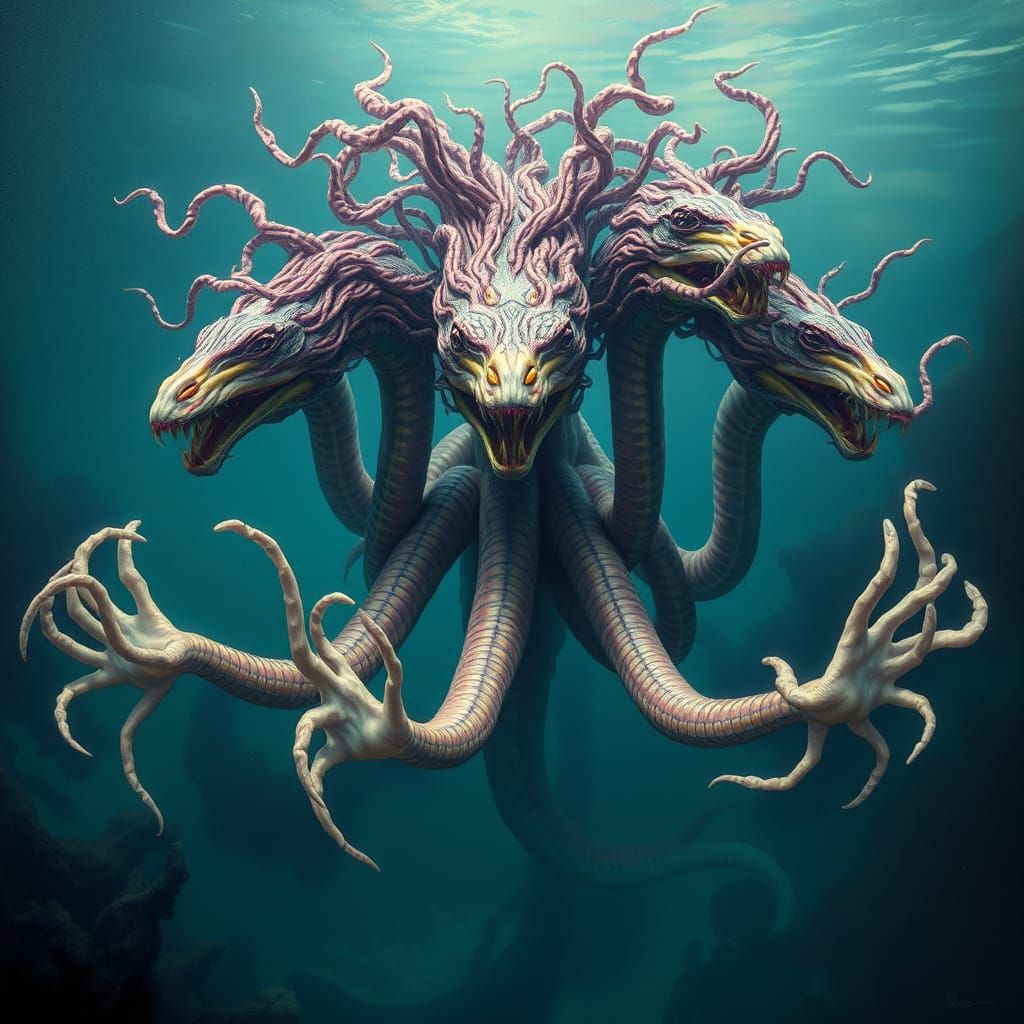 Serpentine Hydra Goddess with Seaweed Hair and Delicate Hand...