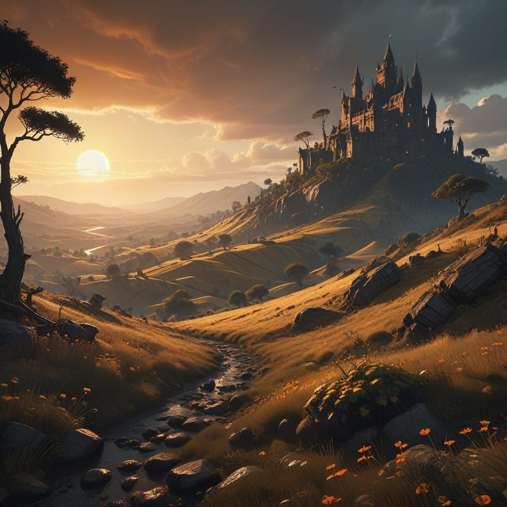 Ethereal Landscape of Golden Hills in Cinematic Volumetric L...