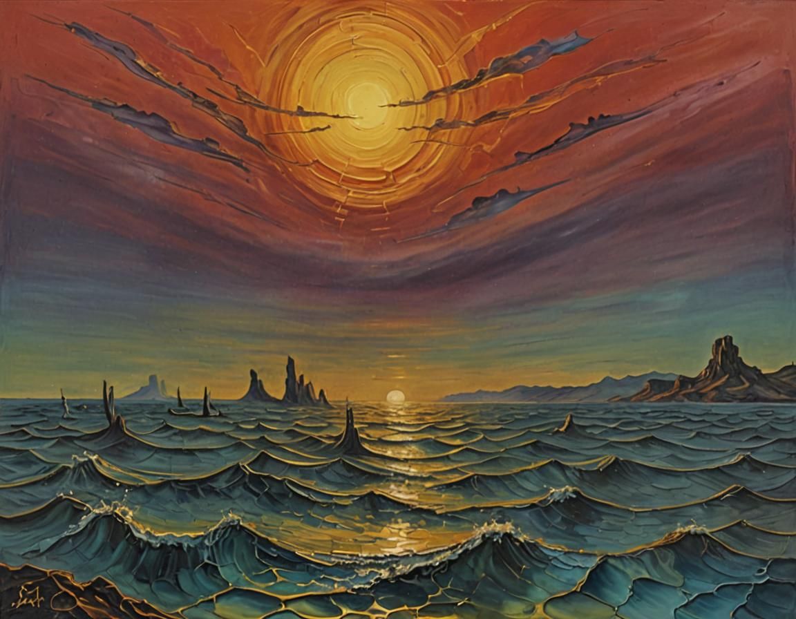 Surreal Sunrise Impasto Oil Painting in Expressionist Style