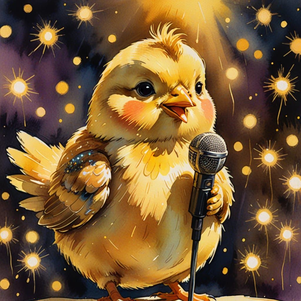 Chubby Chick Sings into Glowing Microphone in Golden Light