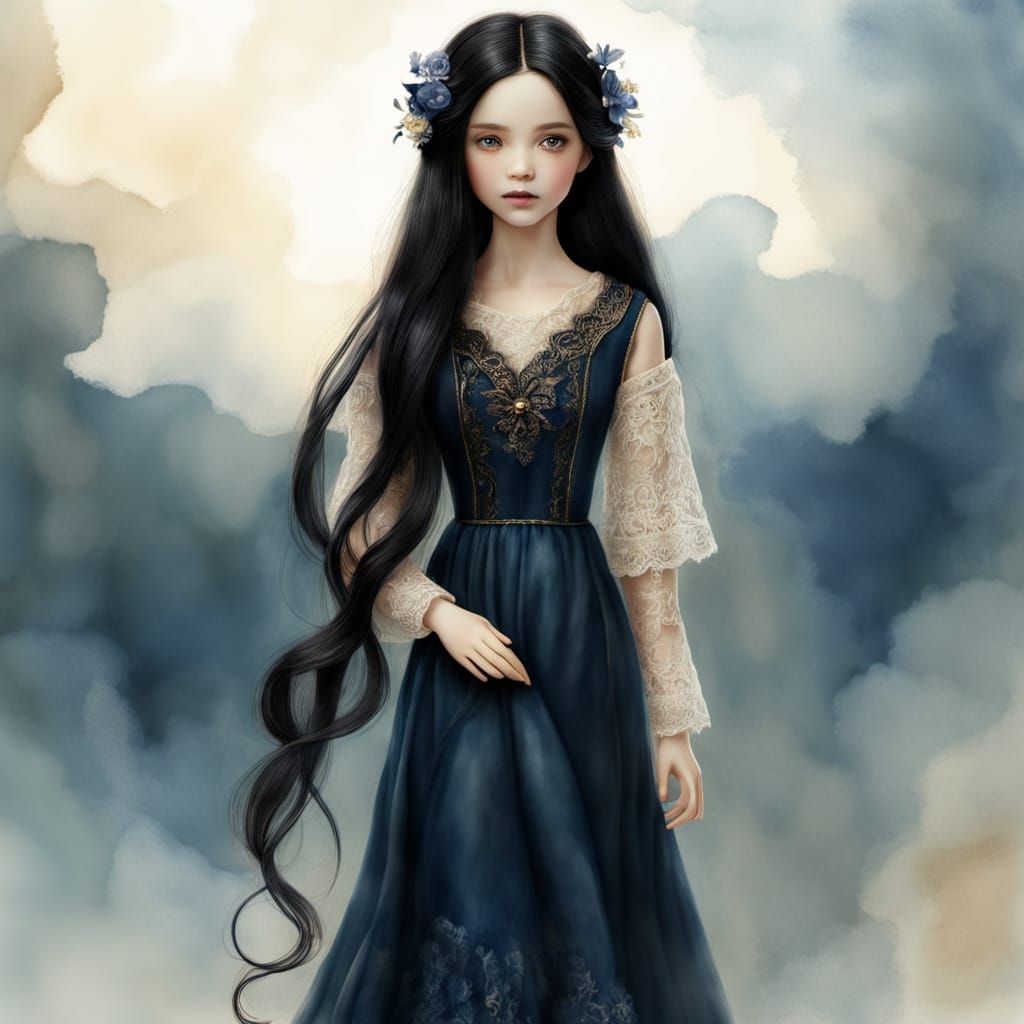 Porcelain Doll Portrait in Watercolor Style