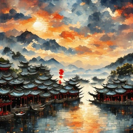 Guizhou Water Village Landscape Painting