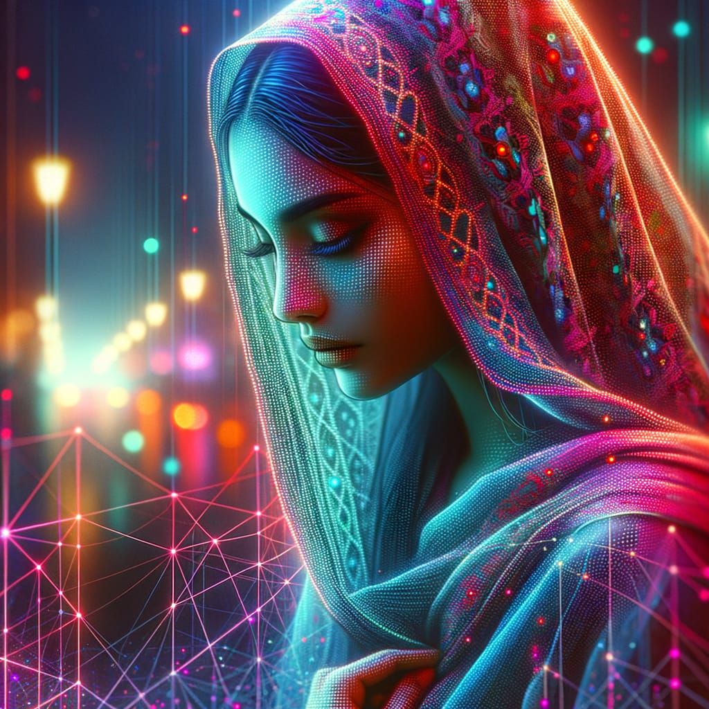 Neon Veil: A Sci-Fi Portrait in Pointillism