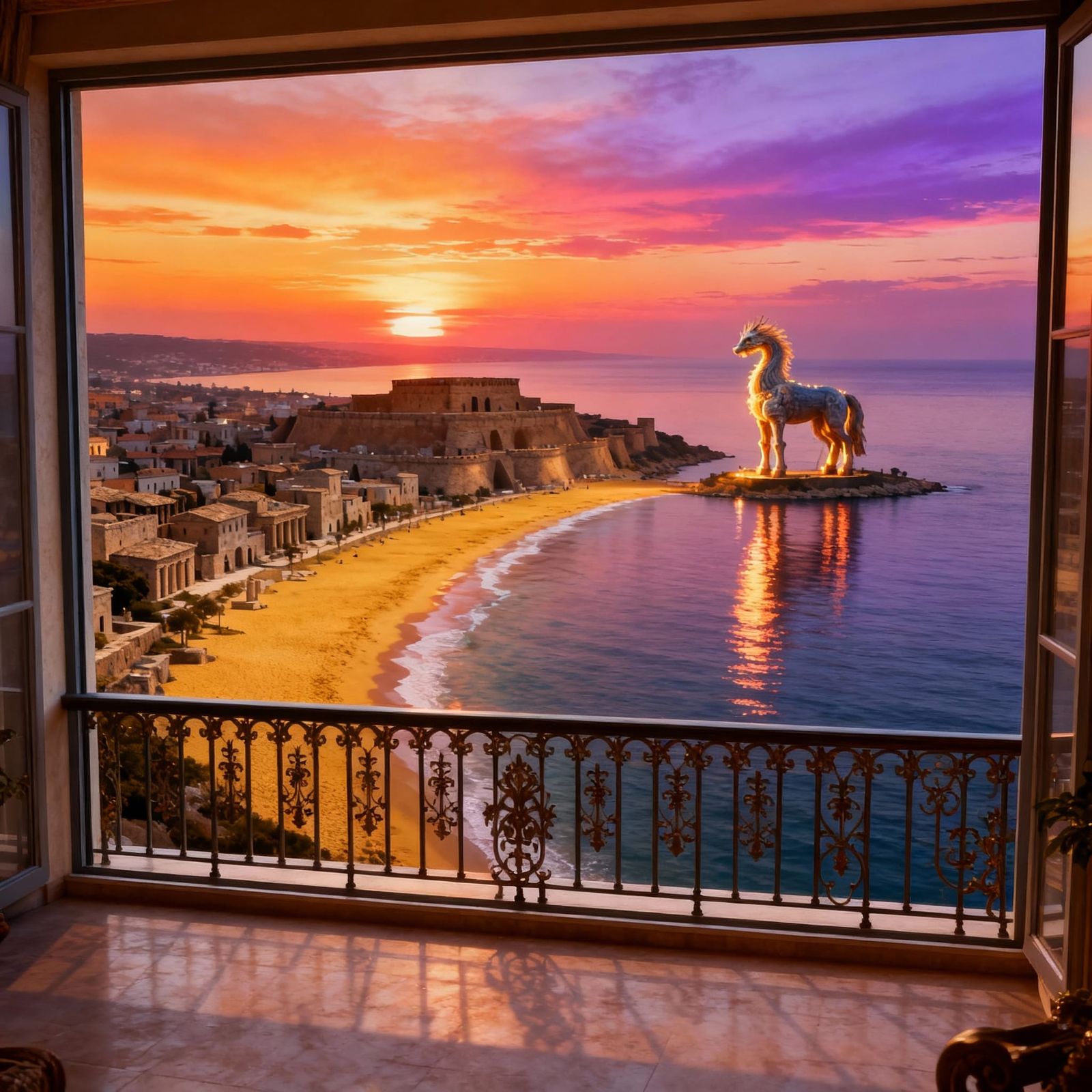 Ancient Troy Sunset View from Balcony with Trojan Horse