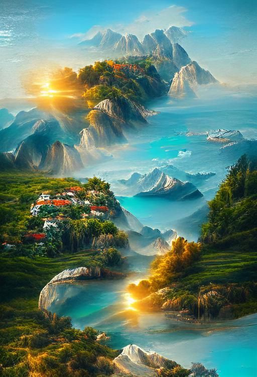 Seascape Vista with Mountain and Houses in Sunlight