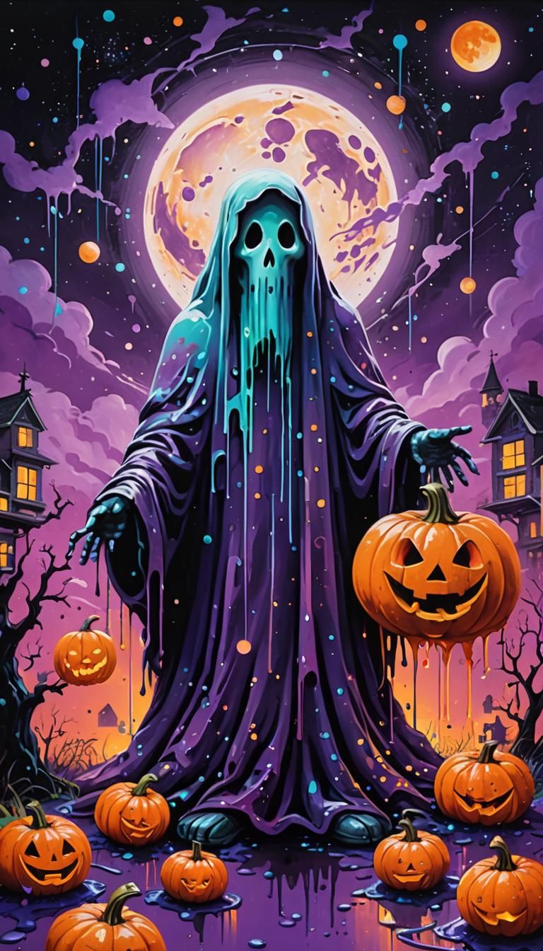 Ghost and Pumpkin Graffiti Art Under Purple Moon