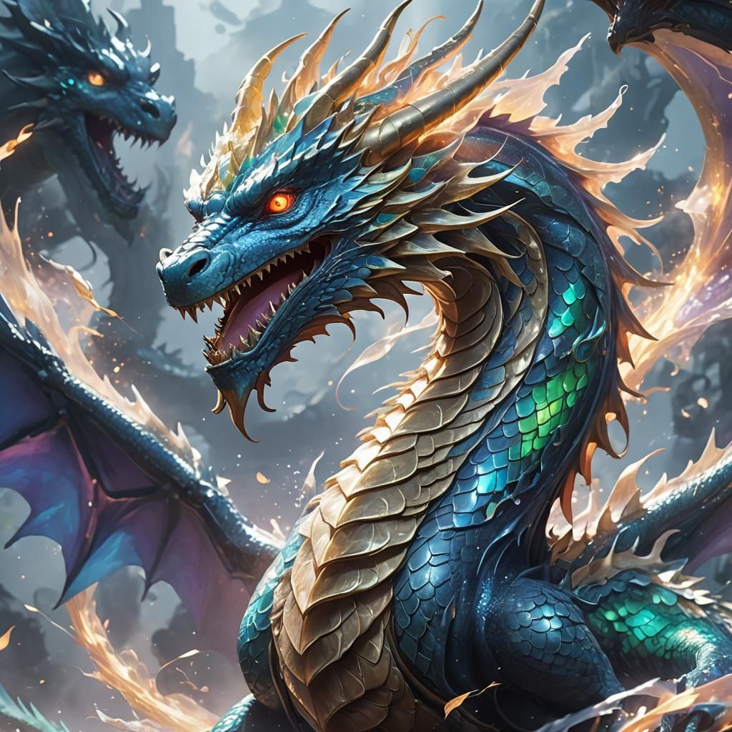 Iridescent Dragon in Swirling Mist: 3D Anime Art