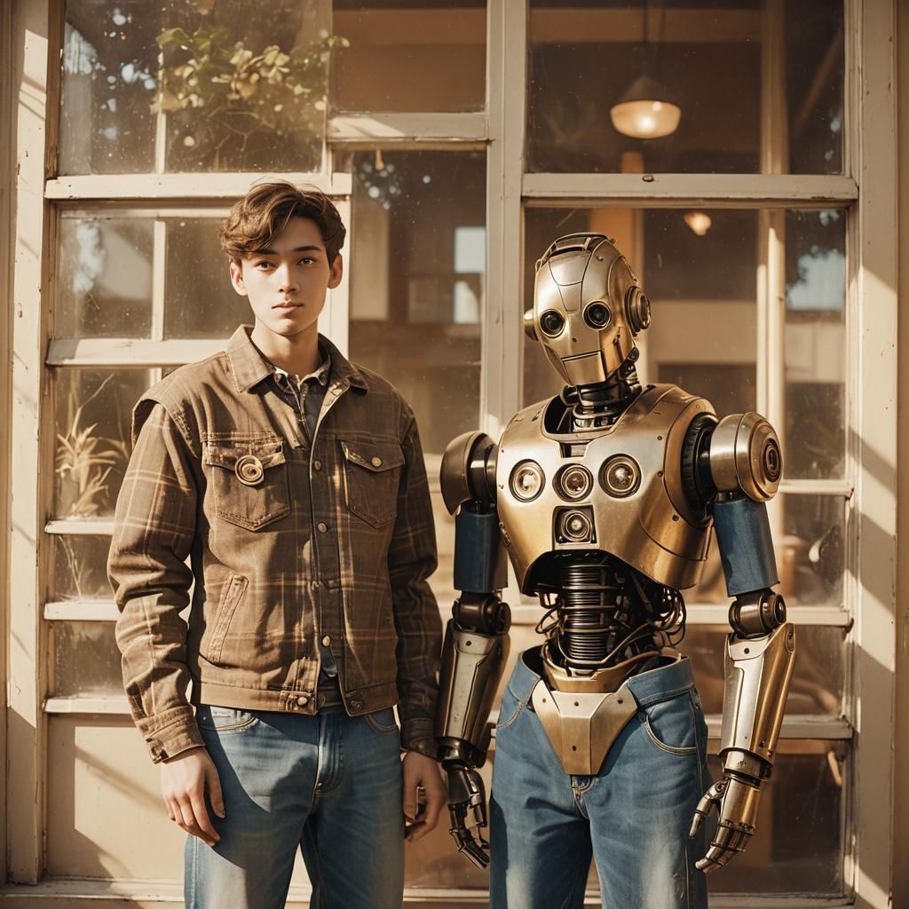 Vintage-Style Photo of Robot and Human Friends