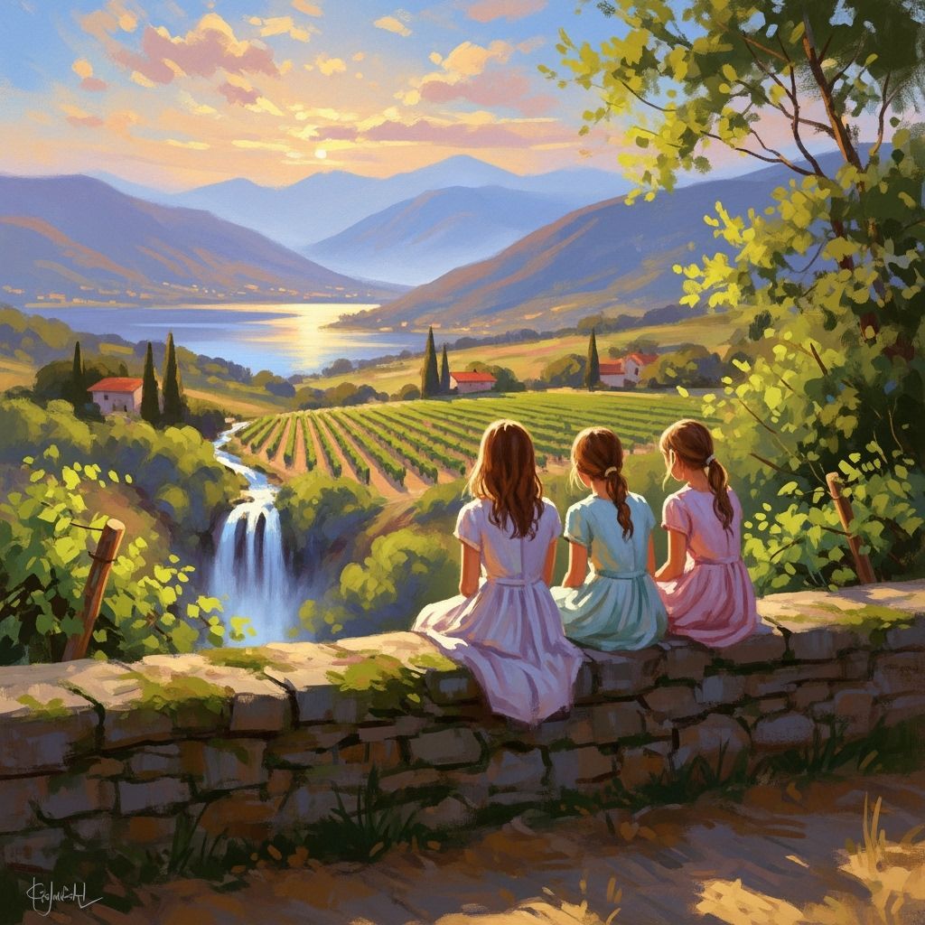 Tuscan Landscape View with Girls in Impressionist Style
