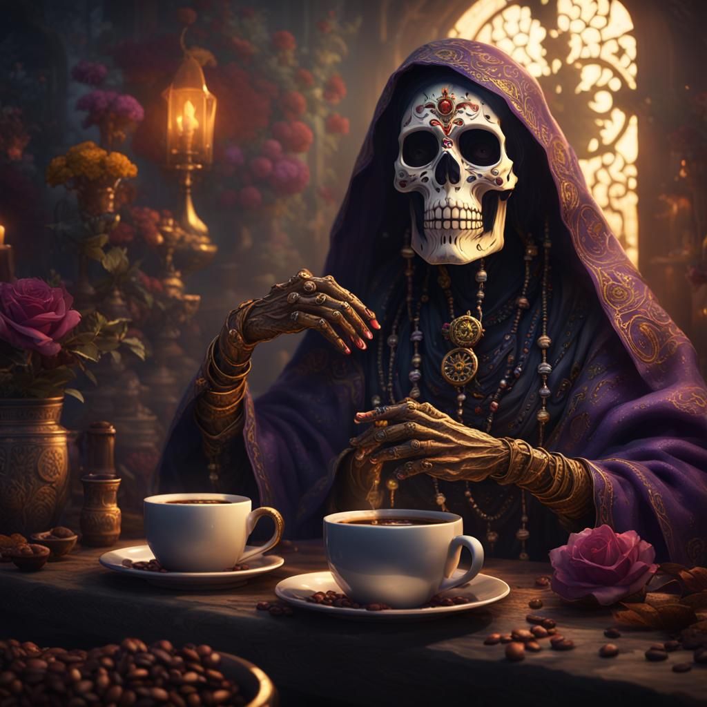 Santa Muerte Coffee Break, Dark Fantasy Concept Art