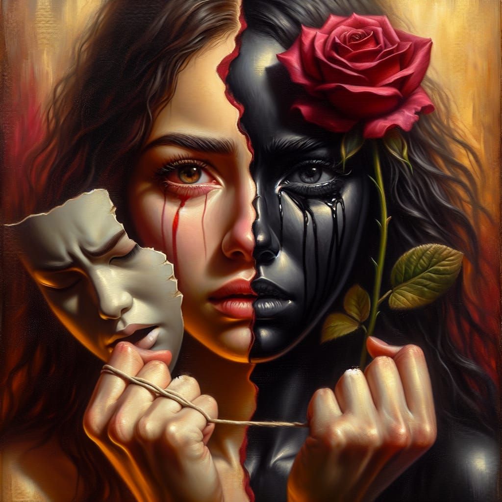 A hyperrealistic oil painting portrait of a young woman with...