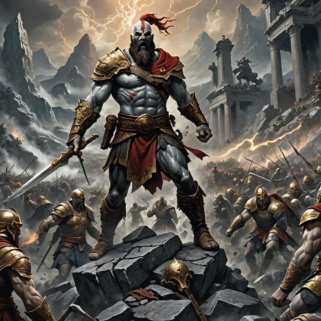 Kratos Battles Zeus on Mount Olympus: Doré Style