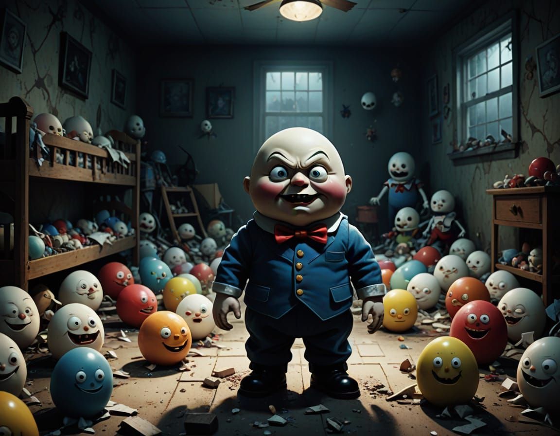 Scary Evil Humpty Dumpty in Dark Nursery