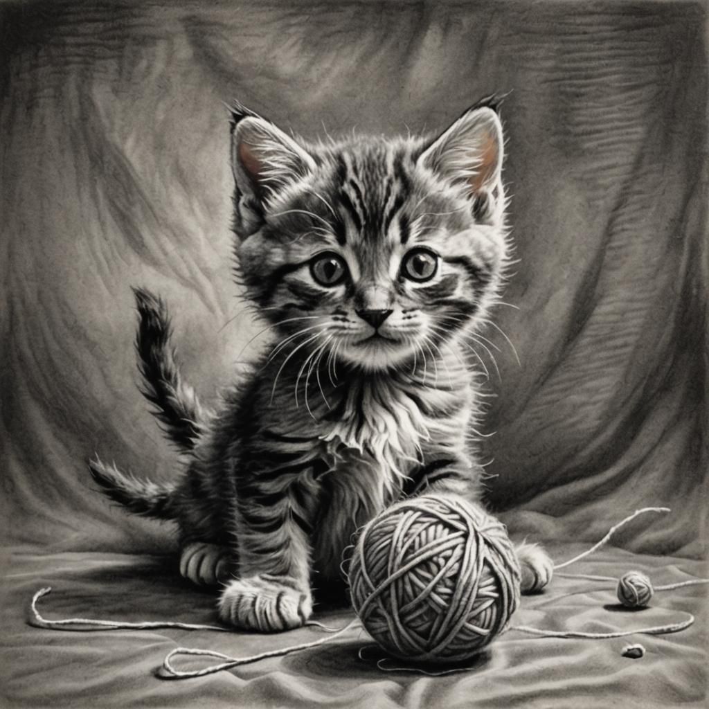Cute Kitten and Wool: Hyperdetailed Charcoal Drawing