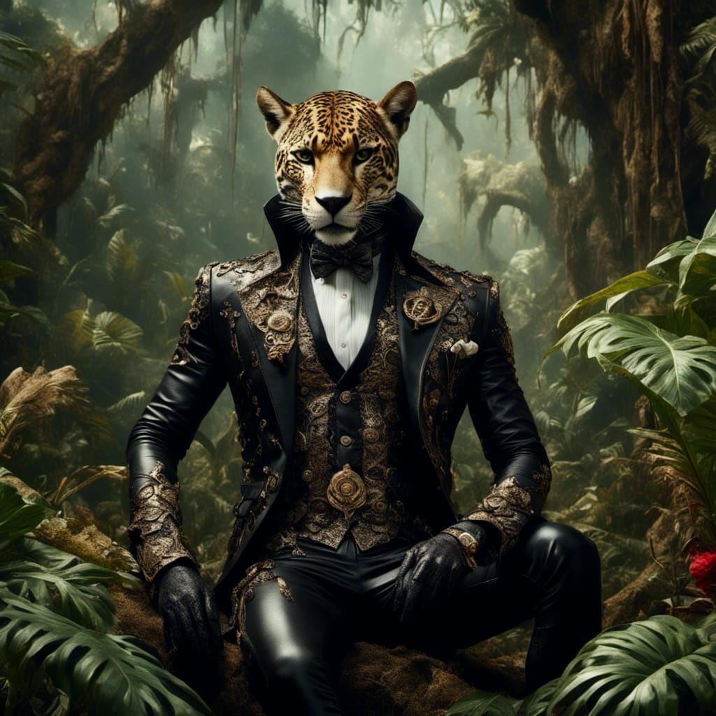 Anthro Jaguar Feast in Jungle, Detailed Fantasy Art
