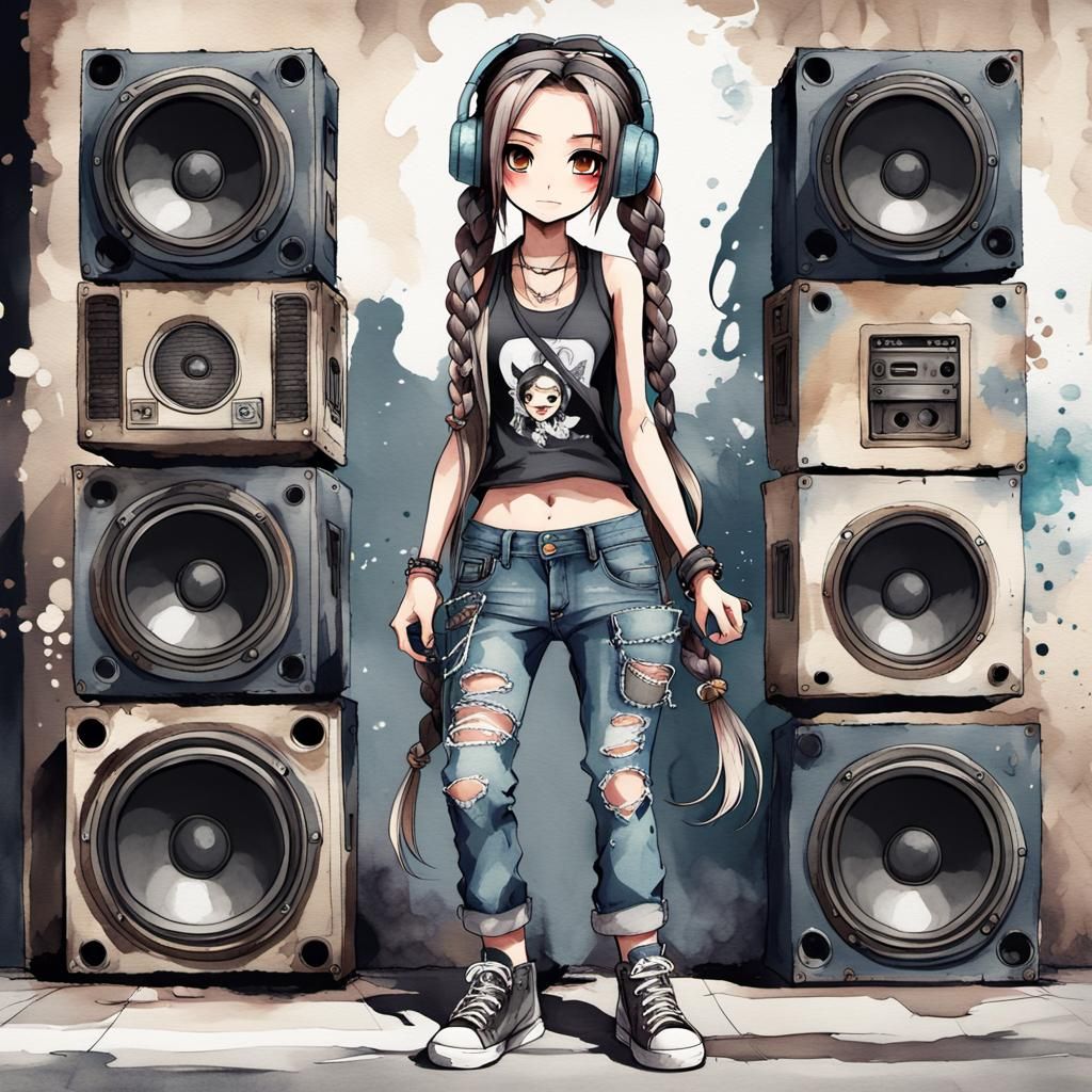 Chibi Hip Hop Girl with Boombox, Watercolor Style