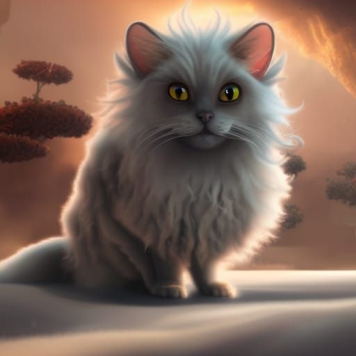 Curly-Haired Cat in Garden: Fantasy Concept Art