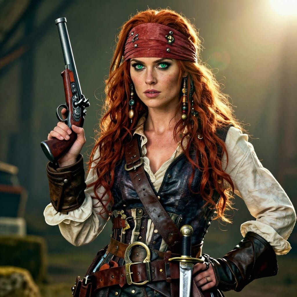 Red-Haired Pirate Woman with Pistol and Cutlass
