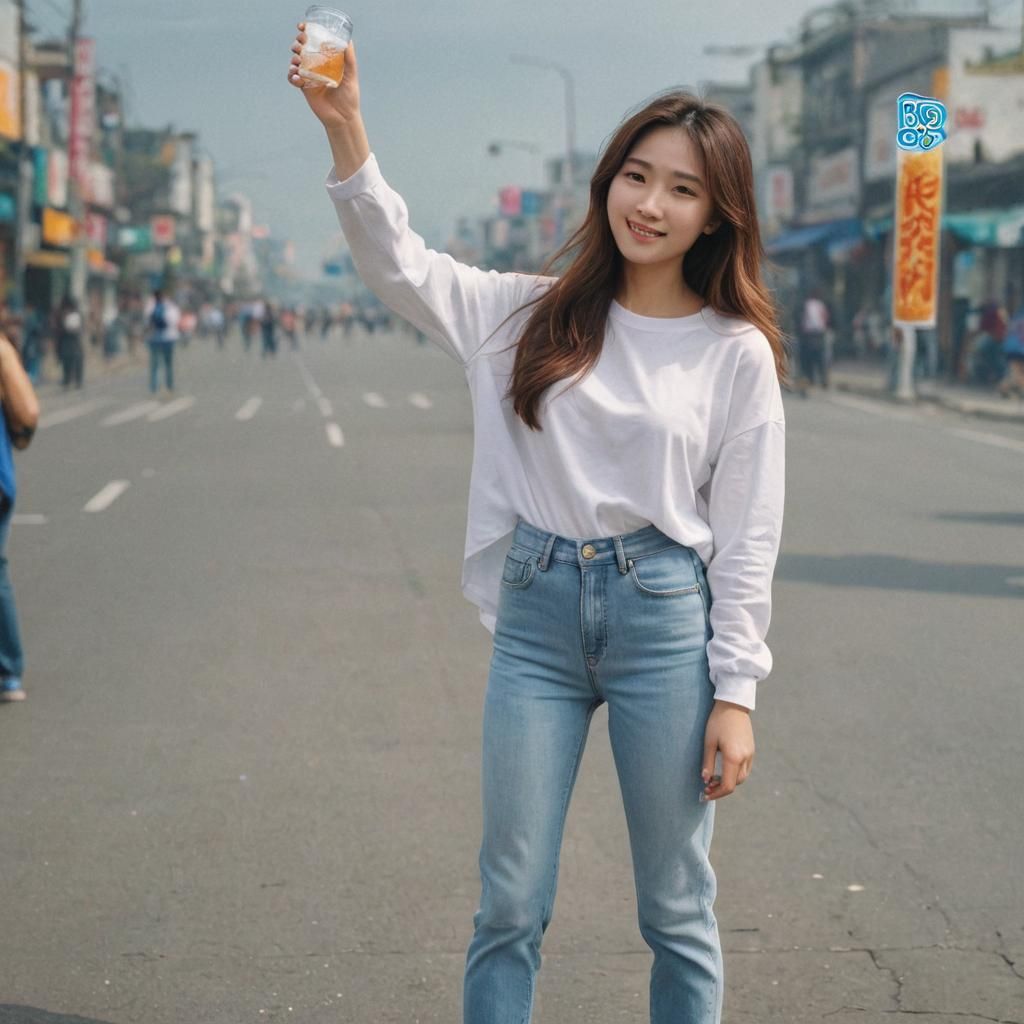 Young Asian Girl Holding Soft Drink in Matte Painting