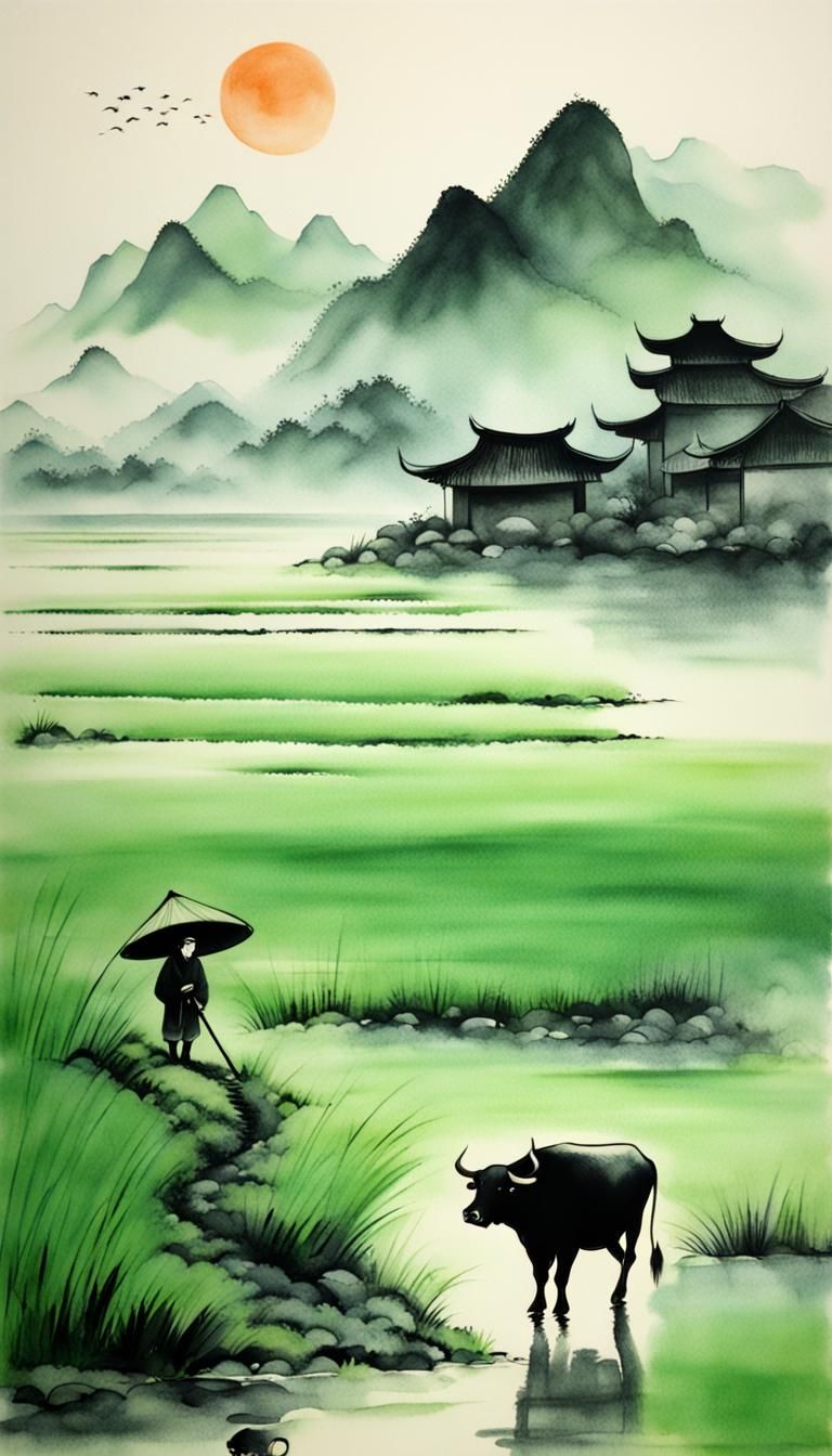 Minimalist Chinese Ink Painting: Buffalo and Peasant