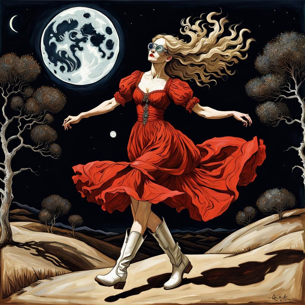 Woman Dancing Under Moon in European Ink Print Style