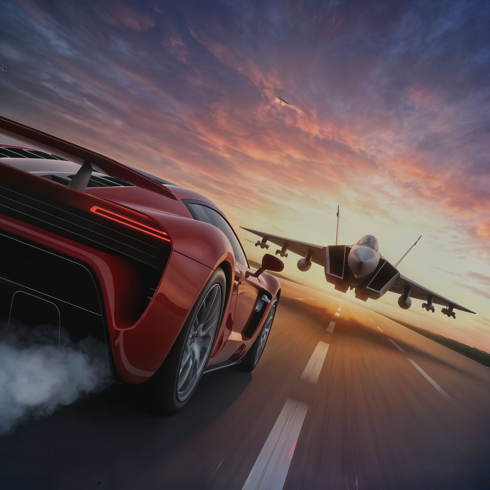 Supercar and Jet Race at Sunset, 3D Render