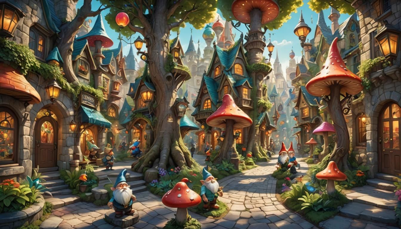 Colorful Gnome City in Disney-Inspired Digital Art