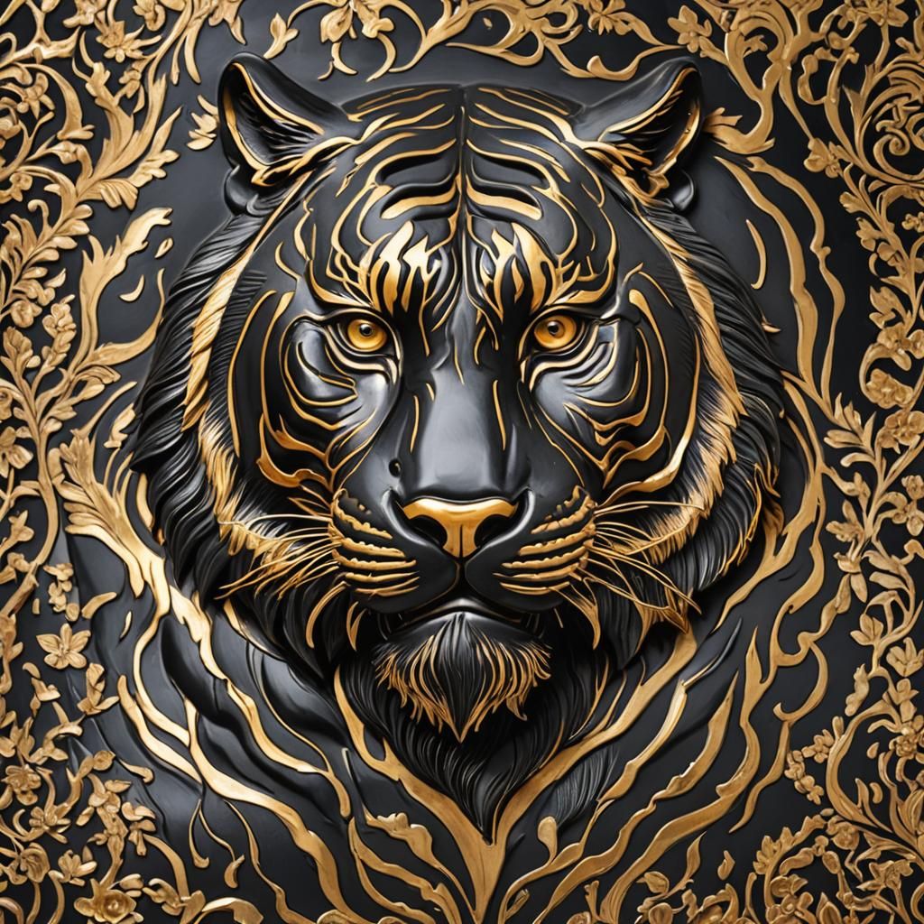 Ceramic Black Tiger with Golden Inlay Details