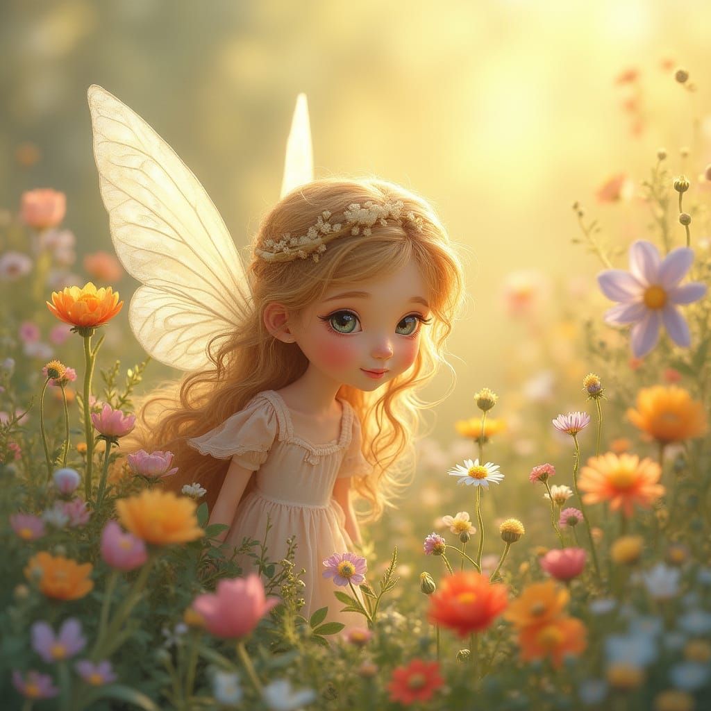 Cute fairy peering through flowers